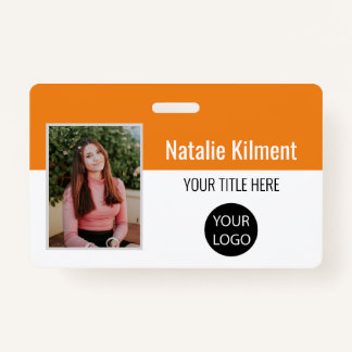 Employee Photo Name Logo Bar Code Orange and White Badge