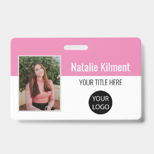 Employee Photo Name Logo Bar Code Pink and White Badge