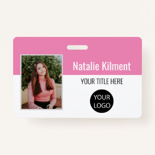 Employee Photo Name Logo Bar Code Pink and White Badge