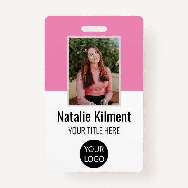 Employee Photo Name Logo Bar Code Pink and White Badge (Front)