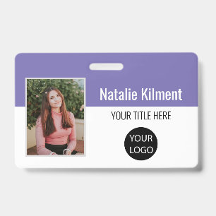 Employee Photo Name Logo Bar Code Purple and White Badge