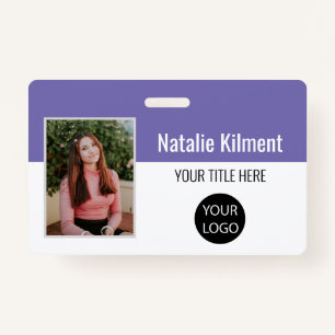 Employee Photo Name Logo Bar Code Purple and White Badge