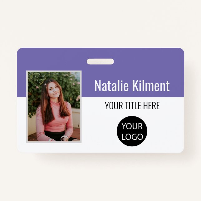 Employee Photo Name Logo Bar Code Purple and White Badge (Front)