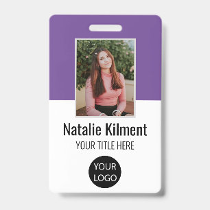 Employee Photo Name Logo Bar Code Purple and White Badge
