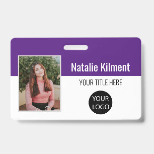 Employee Photo Name Logo Bar Code Purple and White Badge