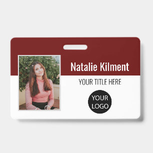 Employee Photo Name Logo Bar Code Red and White Badge