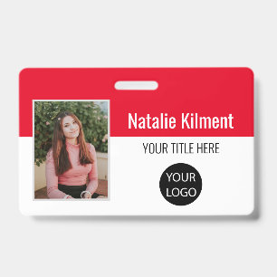 Employee Photo Name Logo Bar Code Red and White Badge