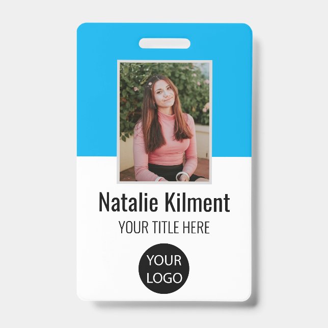 Employee Photo Name Logo Bar Code Sky Blue Badge (Front)