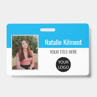 Employee Photo Name Logo Bar Code Sky Blue White Badge