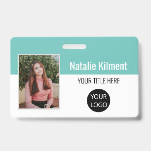 Employee Photo Name Logo Bar Code Teal and White Badge