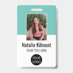 Employee Photo Name Logo Bar Code Teal and White Badge