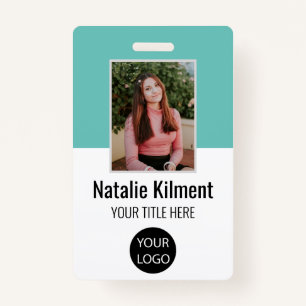 Employee Photo Name Logo Bar Code Teal and White Badge