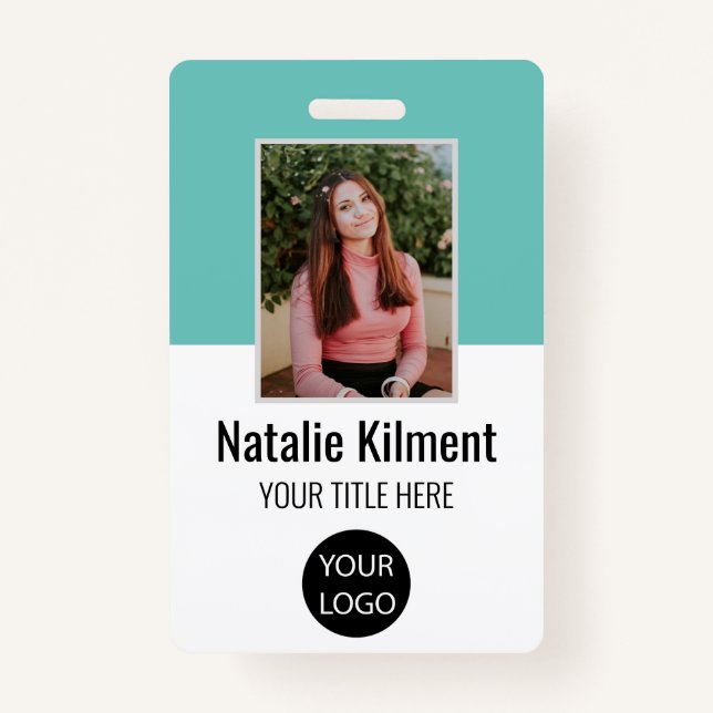 Employee Photo Name Logo Bar Code Teal and White Badge (Front)