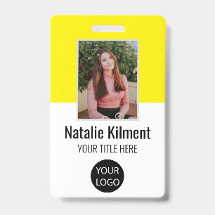 Employee Photo Name Logo Bar Code Yellow and White Badge