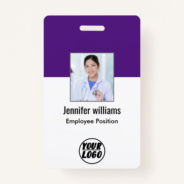 Employee Photo | QR Code‏ Business Logo purple ID Badge (Front)