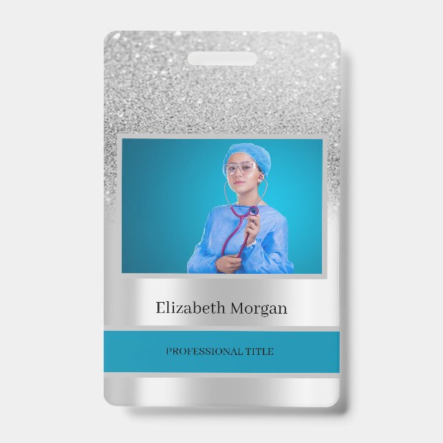 Employee Photo Silver Glitter Bokeh Badge (Front)