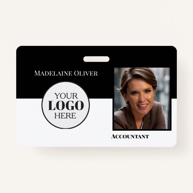 Employee QR Code ID Black White Logo Photo Badge (Front)