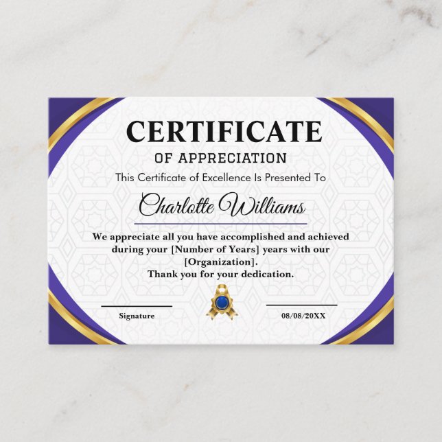 Employee Recognition Appreciation Gold Certificate (Front)