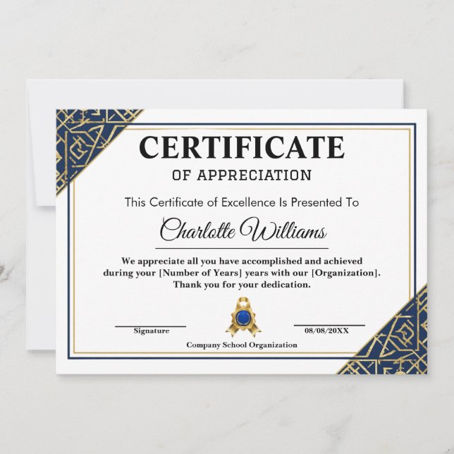 Employee Recognition Certificate Blue Gold 2026 Invitation (Front)