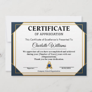 Employee Recognition Certificate Blue Gold 2026 Invitation