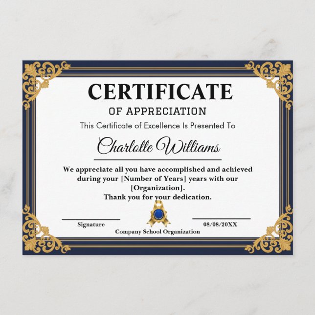 Employee Years of Service Certificate Gold (Front)