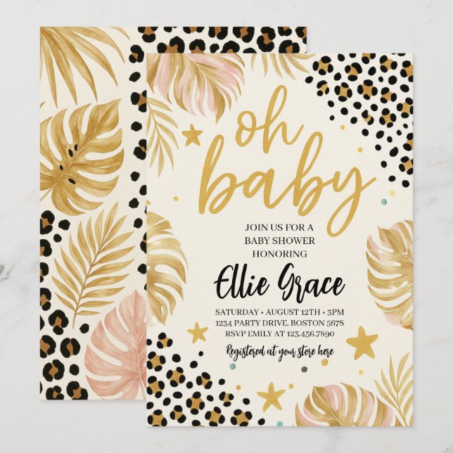 Empreinte de léopard d'or Safari Invitation Baby s (Devant / Derrière)