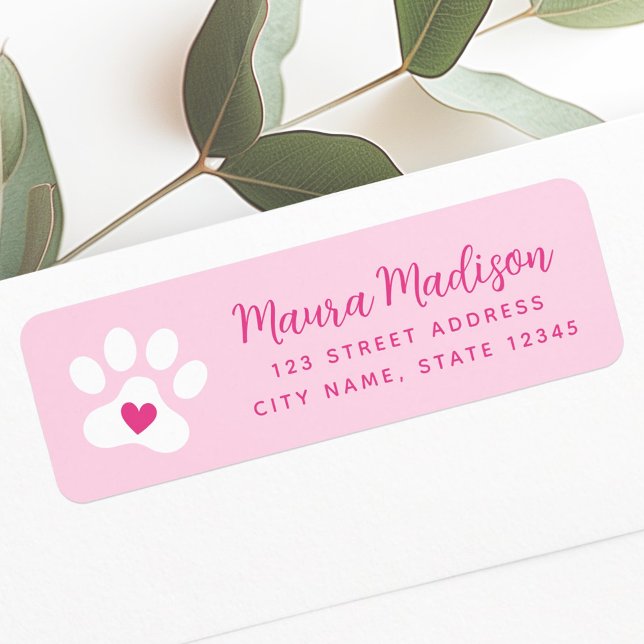 Empreinte de patte mignon avec adresse de retour r (Cute paw print with heart pink return address label)