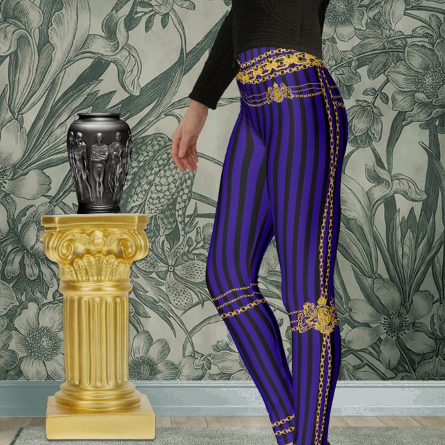 Empress Gold Chain Lion Emblem Black Purple Stripe Leggings (Creator Uploaded)