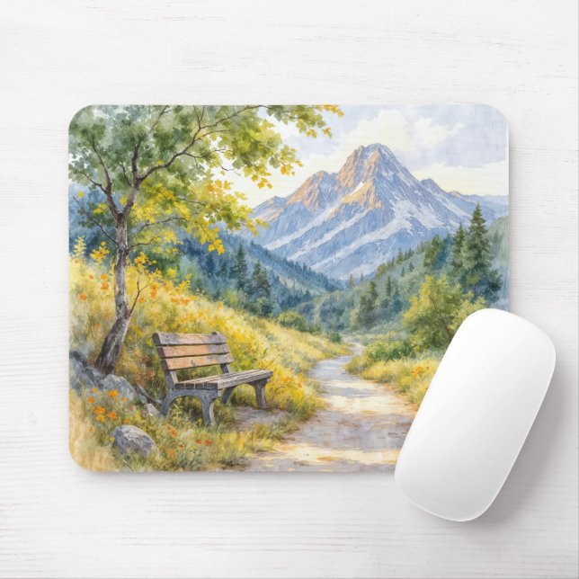 Empty Bench In a Mountain Meadow Valley Mouse Pad (With Mouse)
