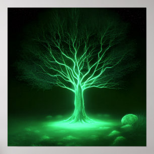 Empty Branches Glowing Tree - Green Poster