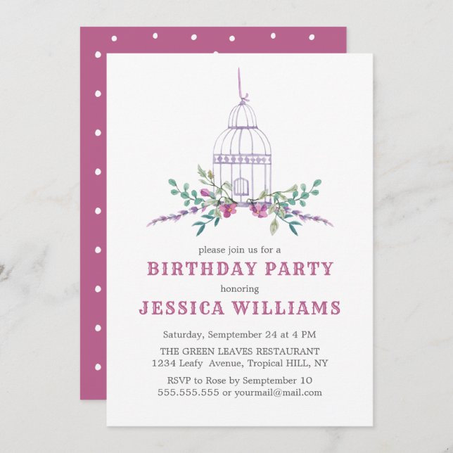 Empty cage and pink flowers birthday invitation (Front/Back)