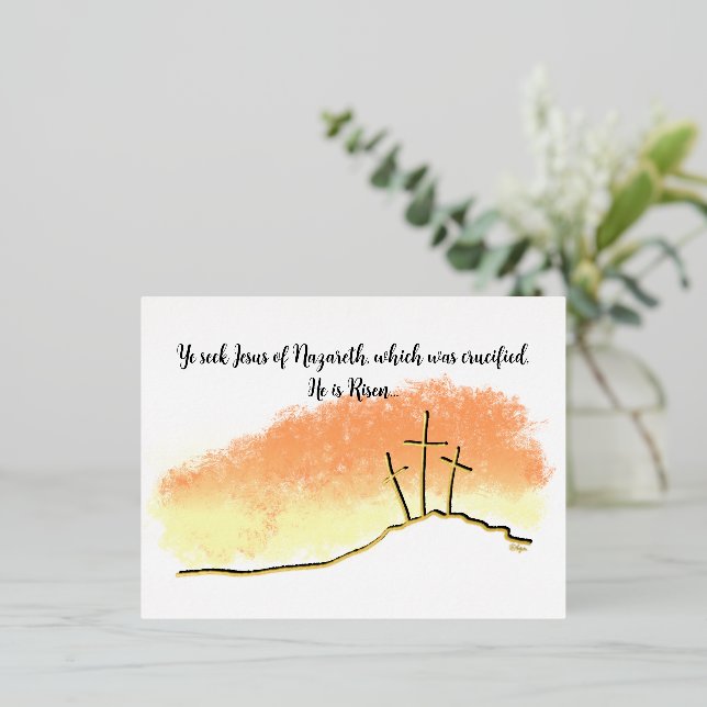 Empty Crosses He is Risen Christian Easter Foil Holiday Postcard (Standing Front)