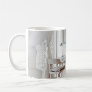 EMPTY DESK NEAR CURTAIN COFFEE MUG