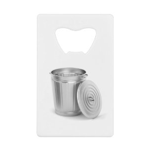 Empty metal trash can credit card bottle opener
