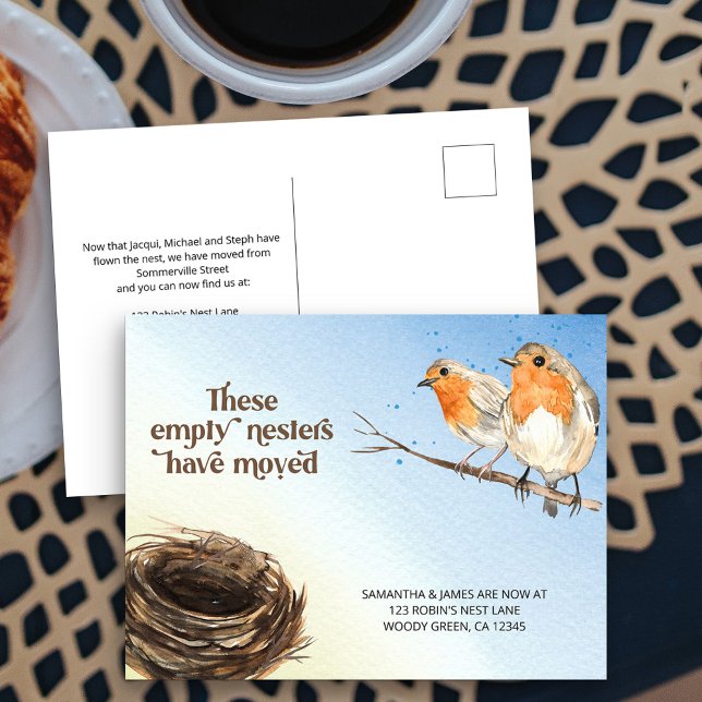 Empty Nest Watercolor Moving Announcement Postcard (New Address postcard with two red robins and an empty nest)