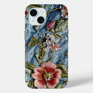 Emroidered Jewel Floral Denim Texture iPhone 15 Case