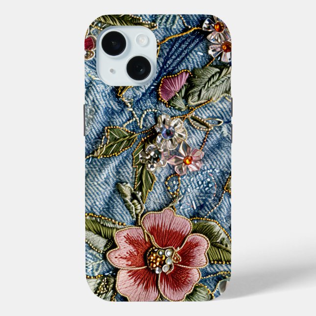 Emroidered Jewel Floral Denim Texture Case-Mate iPhone Case (Back)