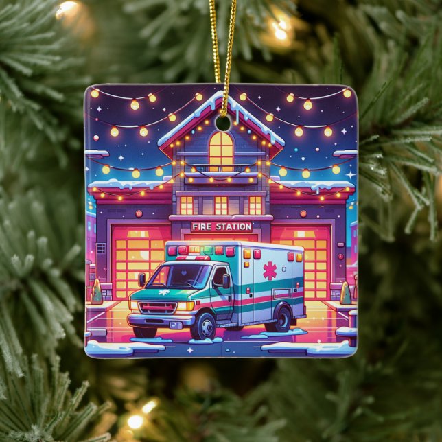 EMS Ambulance At Fire Station Decorated Christmas Ceramic Ornament (Tree)