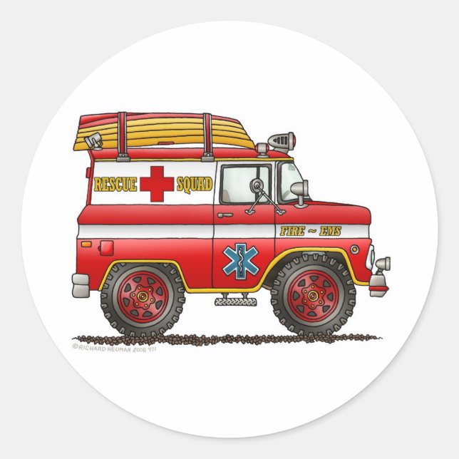 EMS Rescue Van Ambulance Fire Truck Classic Round Sticker (Front)