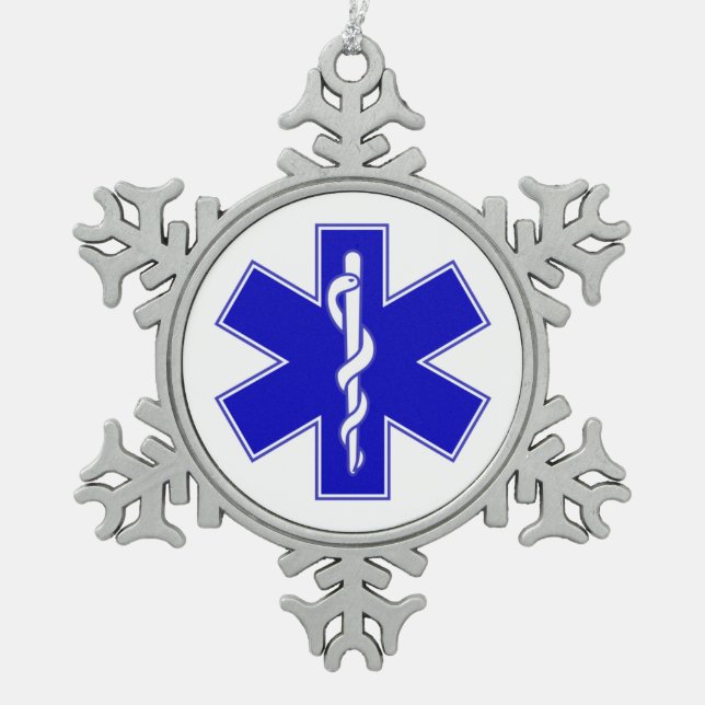 EMT Star of Life Snowflake Pewter Christmas Ornament (Front)