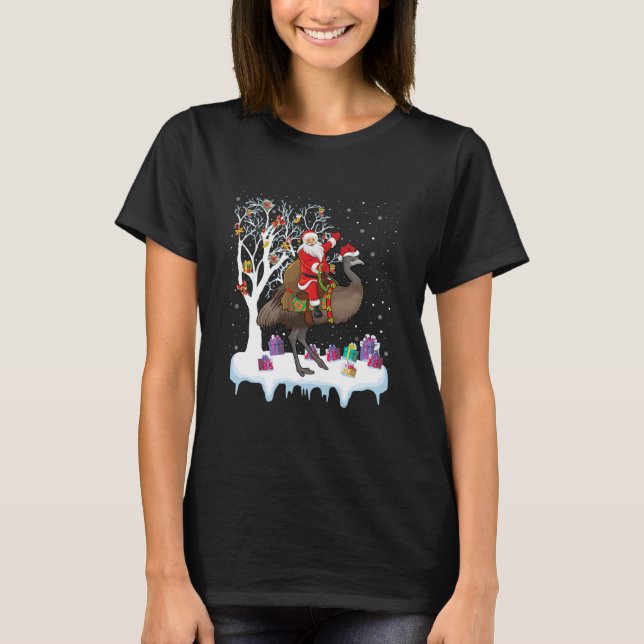 Emu Bird Lover Xmas Santa Riding Emu T-Shirt (Front)