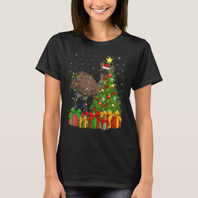 Emu Bird   Xmas Holiday Santa Emu Christmas Tree T-Shirt (Front)