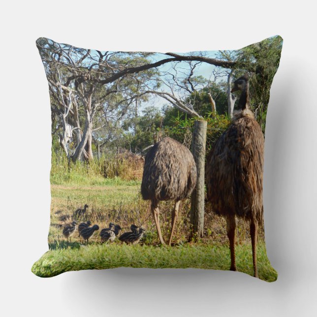 Emu Parents Taking Chicks For Walk, Throw Pillow (Front)
