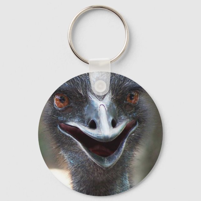 Emu saying HI! Open beak big brown eyes picture Keychain (Front)