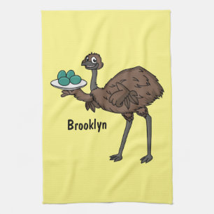 Emu with eggs cartoon illustration kitchen towel