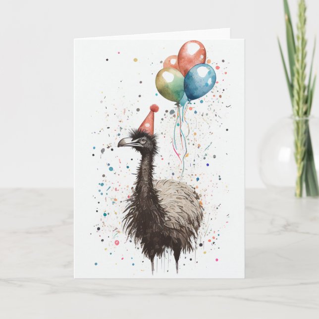 Emu with Party Hat and Balloons Fold Greeting Card (Front)