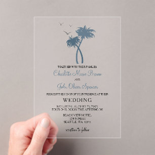 En Acrylique Bleu Tropical Palm Tree Mariage Invitations