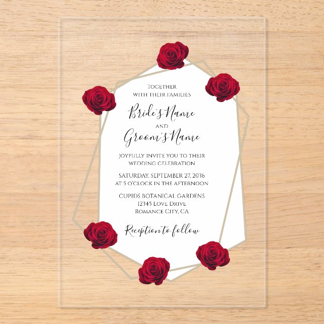 En Acrylique Elégant Géométrique Rose Rouge Invitations de mari (Recto)