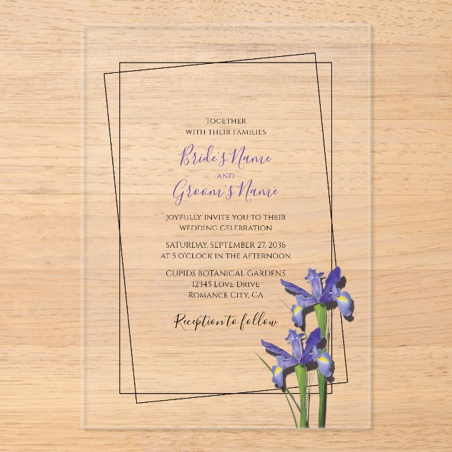 En Acrylique Élégant violet Iris Invitations de mariage Iris (Recto)