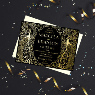 En Aluminium Art Déco Peacocks Mariage Gold Foil Invitation